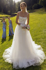 Sexy Tulle A-Line Square Spaghetti Straps Empire Appliques With Tulle Train Wedding Dress S6917
