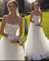 Sexy Tulle A-Line Square Spaghetti Straps Empire Appliques With Tulle Train Wedding Dress S6917