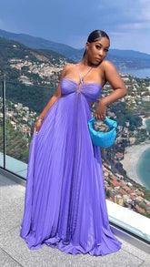 Purple A Line Pleated Long Prom Dress S6844