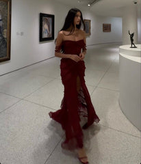 Wine Red Off Shoulder Straps Multi-layered Ruffles Long Prom Dress S6786