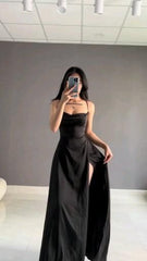 Simple A Line Straps Black Long Prom Dresses Evening Dress With Slit S6827
