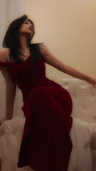 Pretty Sheath Off the Shoulder Velvet Long Prom Dresses Formal Evening Dress S6780