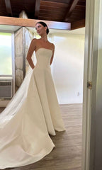 Vintage A line Strapless Long Simple Wedding Dresses S6790