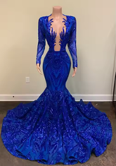 Royal Blue Mermaid Long Prom Dresses with Sleeves,Formal Dress with Sequins S6457