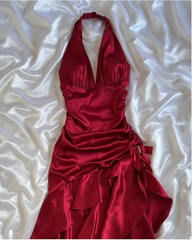 Elegant Red Evening Gown Irregular Formal Dresses Halter Prom Dresses S6468