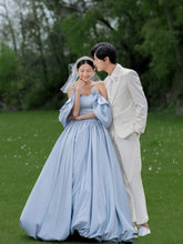 Sky Blue Elegant Bridal Gown Lace Up Back Long Vintage Bride Dress S6491