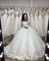 Off the Shoulder Long Sleeve Prom Dress Illusion Wedding Dress S6499