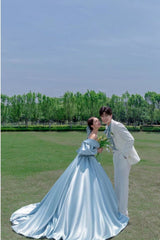 Sky Blue Elegant Bridal Gown Lace Up Back Long Vintage Bride Dress S6491