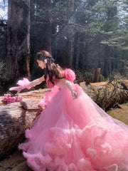 Cute Tulle Pink Long Prom Dress, A-Line Evening Party Dress S6367