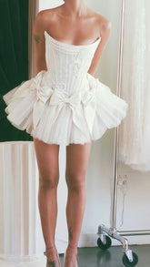 Ivory Strapless Wedding Dress, Short Hoco Prom Dress S6399