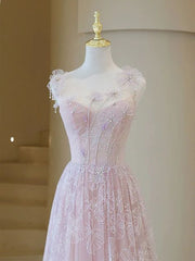 Light Pink Round Neckline Lace Long Prom Dress, A-line Pink Floor Length Party Dress S6340