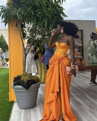 Elegant Orange Strapless Long Prom Dresses Evening Party Dress With Slit S5887