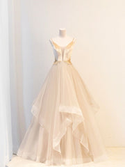 Velvet and Tulle Long Prom Dress, V-Neck Spaghetti Strap Evening Dress S6273
