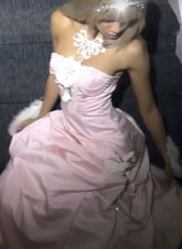 Vintage Pink Strapless Satin Long Prom Dresses Evening Dress With Flowers S6266