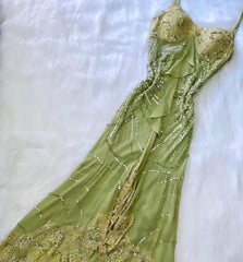 Green Sequin Formal Party Dress Ruffle Long Prom Dress S5918