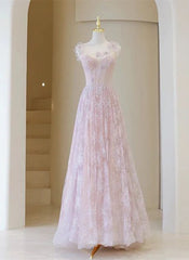 Light Pink Round Neckline Lace Long Prom Dress, A-line Pink Floor Length Party Dress S6340