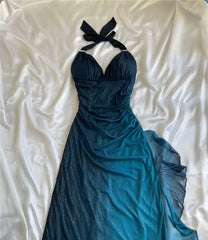 Teal V Neck Halter Shiny Vintage Long Prom Dress S6476