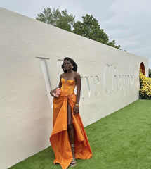 Elegant Orange Strapless Long Prom Dresses Evening Party Dress With Slit S5887
