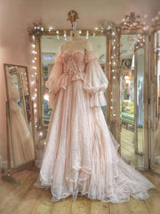 Princess Pink tulle Ruffles Long Prom Dress,Wedding Gown with Bubble Sleeves S6354