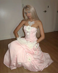 Vintage Pink Strapless Satin Long Prom Dresses Evening Dress With Flowers S6266