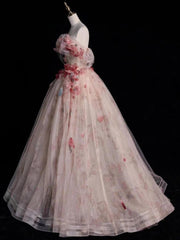 Pink Appliques Prom Dresses Ball Gown Off-The-Shoulder Floor-Length Long Prom Formal Dresses S6383