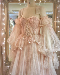 Princess Pink tulle Ruffles Long Prom Dress,Wedding Gown with Bubble Sleeves S6354