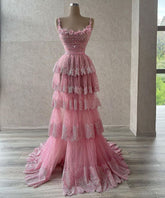 Elegant A Line Pink Tulle Long Prom Dress, Evening Dress S6521