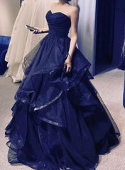 Navy Blue Layers Tulle Sweetheart Long Prom Dress, Navy Blue Party Dress S6270