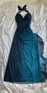 Teal V Neck Halter Shiny Vintage Long Prom Dress S6476