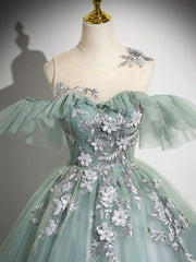 Cute Tulle Lace Long Prom Dress, A-Line Scoop Neckline Off Shoulder Evening Party Dress S6365