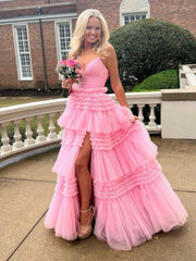Gorgeous V Neck Layered Pink Tulle Long Prom Dresses with High Slit, Long Pink Tulle Formal Evening Dresses S6484