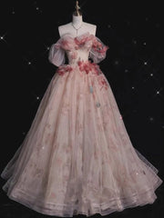 Pink Appliques Prom Dresses Ball Gown Off-The-Shoulder Floor-Length Long Prom Formal Dresses S6383