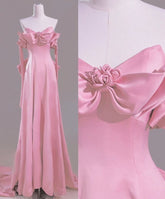 Modest A Line Off The Shoulder Pink Satin Long Prom Dresses Evening Dress S6269