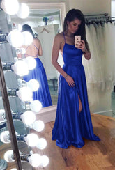 Spaghetti Straps Backless Sleeveless A Line Long Prom Dress With Front Split S6274