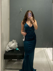 Long Formal Dress Women Teal Satin Sleeveless Evening Dress S6523