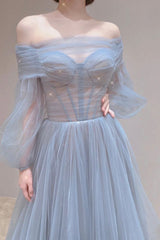 Blue Tulle Long Prom Dress, Beautiful Long Sleeve Tulle Evening Dress S6283