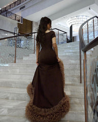 wedding dress for women V-neck short sleeves side slits pleated ruffles evening dress S5928