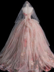 Pink Appliques Prom Dresses Ball Gown Long Formal Dresses S6384