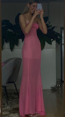 Simple Sheath Strapless Pink Long Prom Dresses S6071