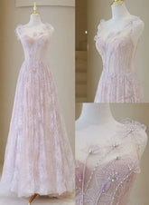 Light Pink Round Neckline Lace Long Prom Dress, A-line Pink Floor Length Party Dress S6340