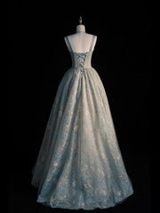 Elegant A Line Square Satin Applique Tulle Long Prom Dress, Evening Dress S6510