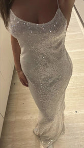 Spaghetti Straps Sequin Long Prom Dress Formal Evening Gown S5860