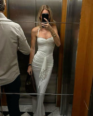 Modest Sheath Halter Sleeveless Ivory Long Prom Dress Evening Dresses S6079