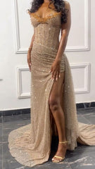 Shiny Long Prom Dress With Split,Charming Evening Gown S6173