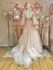 Princess Pink tulle Ruffles Long Prom Dress,Wedding Gown with Bubble Sleeves S6354