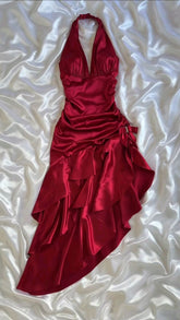 Elegant Red Evening Gown Irregular Formal Dresses Halter Prom Dresses S6468