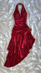 Elegant Red Evening Gown Irregular Formal Dresses Halter Prom Dresses S6468