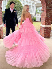 Gorgeous V Neck Layered Pink Tulle Long Prom Dresses with High Slit, Long Pink Tulle Formal Evening Dresses S6484