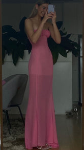 Simple Sheath Strapless Pink Long Prom Dresses S6071