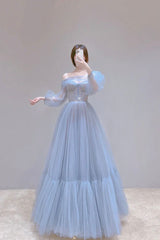 Blue Tulle Long Prom Dress, Beautiful Long Sleeve Tulle Evening Dress S6283